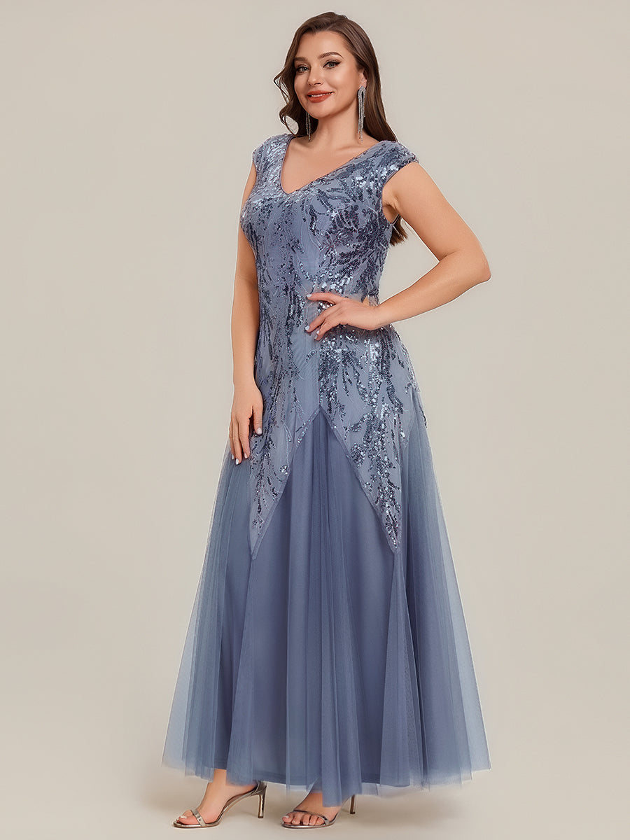 Plus Size Sequin V Neck Cap Sleeve Tulle Formal Evening Dress #color_Dusty Blue