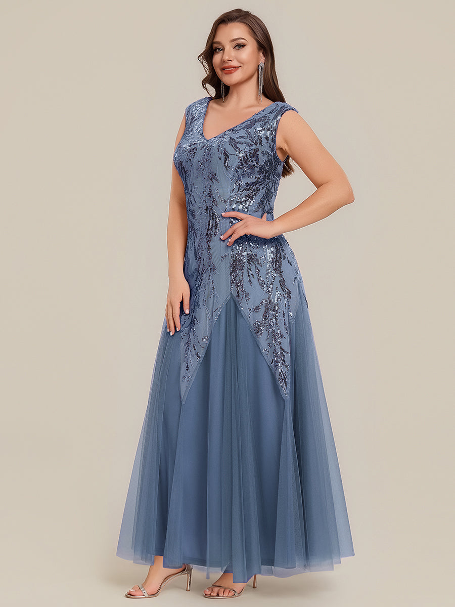 Plus Size Glitter High Stretch Cap Sleeve Tulle Mother of the Bride Dress #color_Dusty Blue