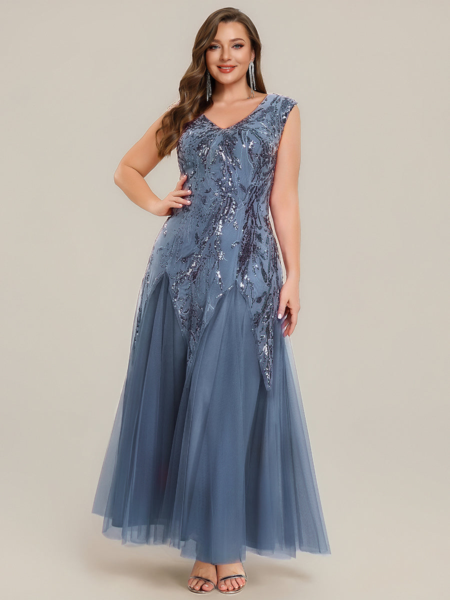 Plus Size Glitter High Stretch Cap Sleeve Tulle Mother of the Bride Dress #color_Dusty Blue