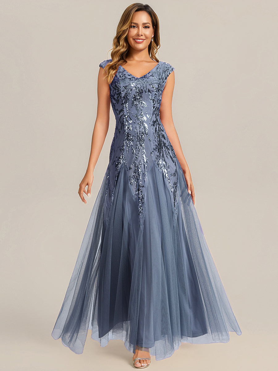 Embroidered Sequin Cap Sleeve Evening Dress #color_Dusty Blue