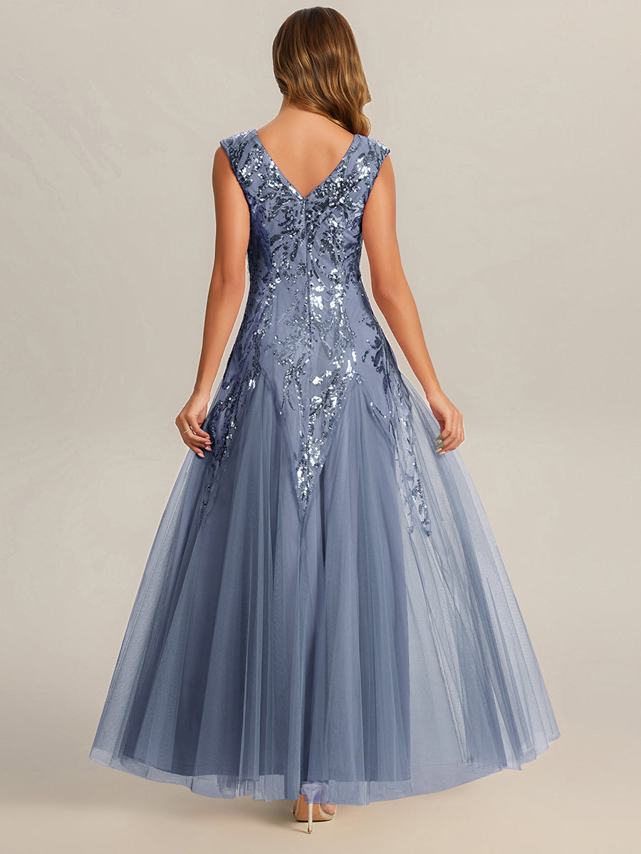 Embroidered Sequin Cap Sleeve Evening Dress #color_Dusty Blue