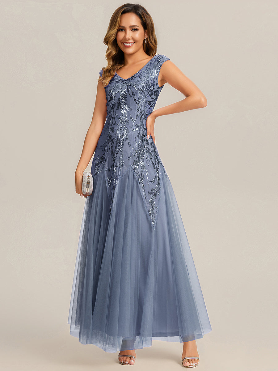 Embroidered Sequin Cap Sleeve Evening Dress #color_Dusty Blue