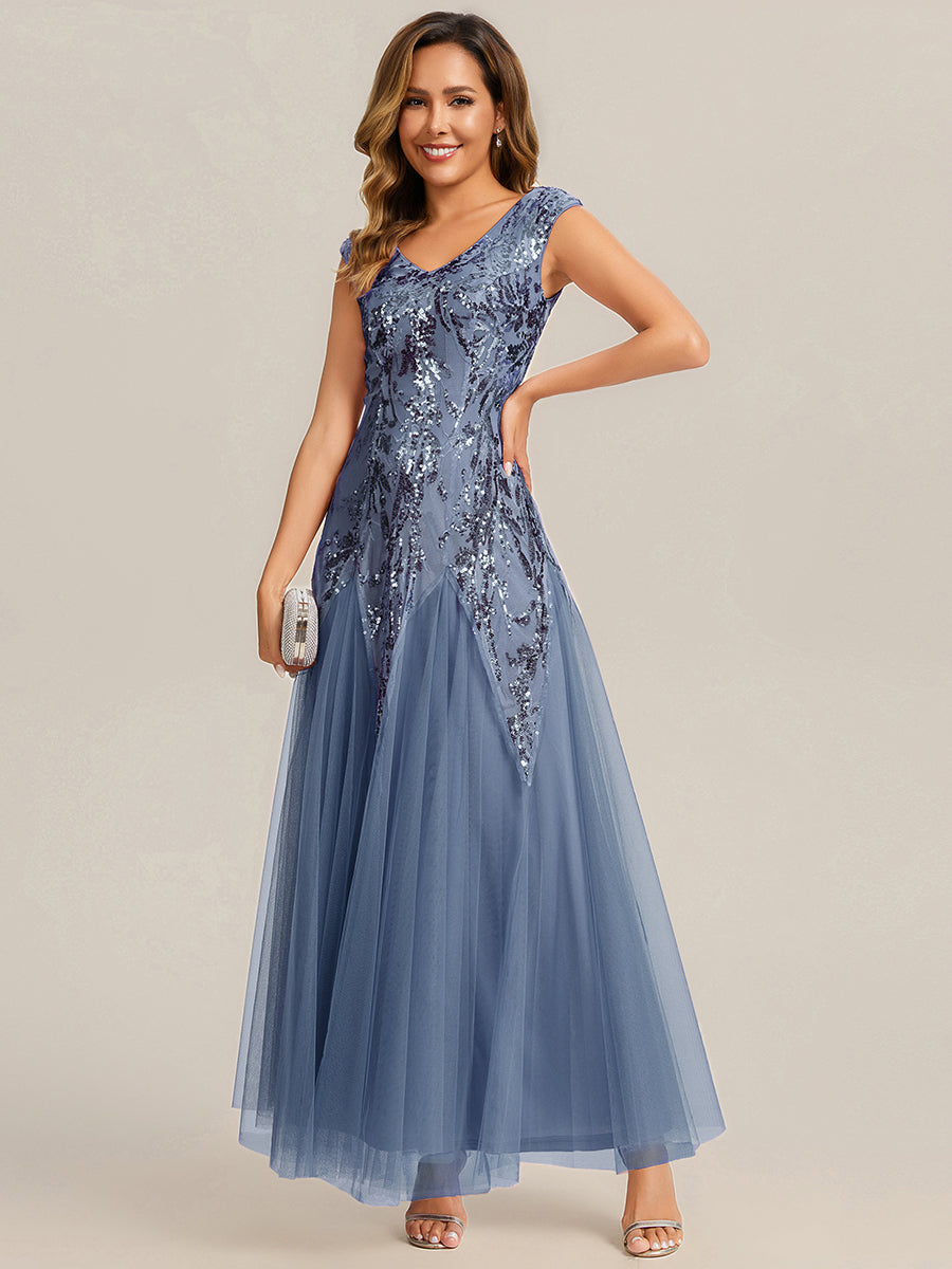 Glitter Embroidered Cap Sleeve High Stretch Mother of the Bride Dress #color_Dusty Blue