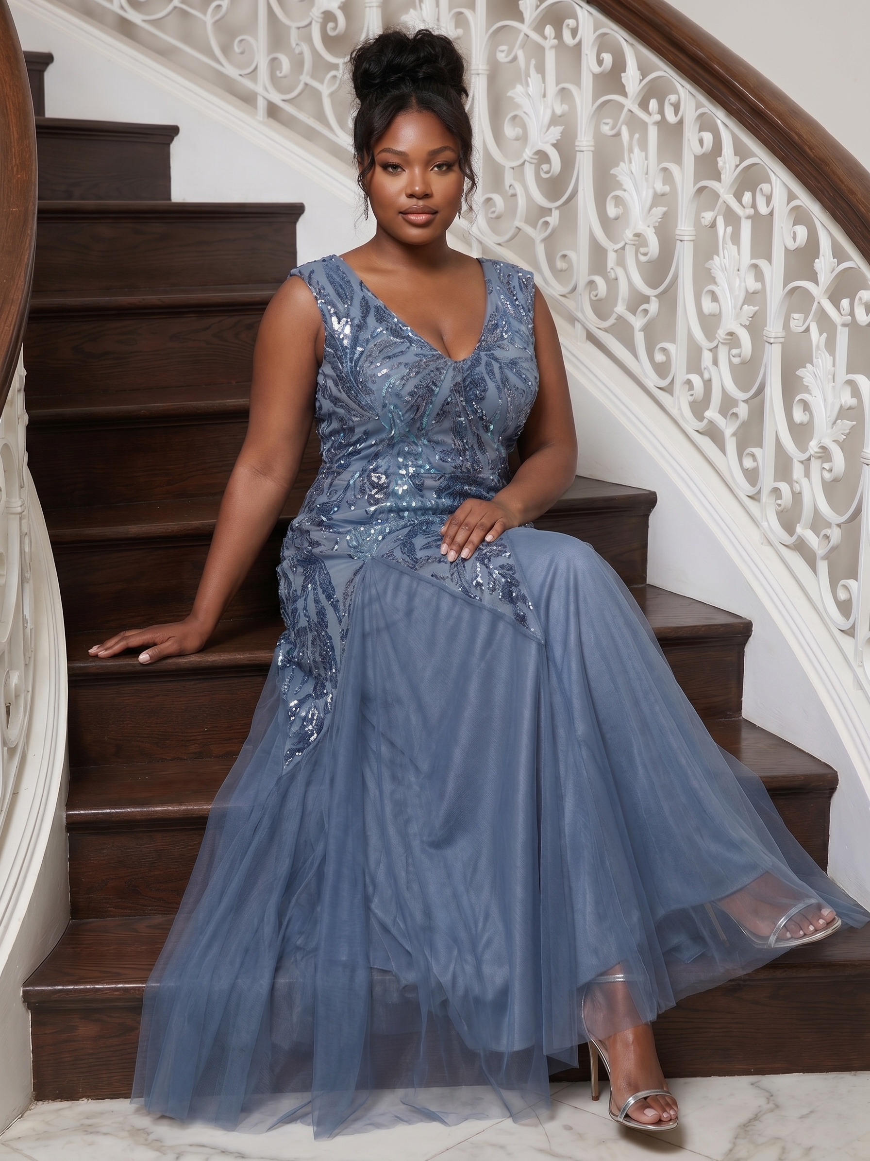 Plus Size Glitter High Stretch Cap Sleeve Tulle Mother of the Bride Dress #color_Dusty Blue