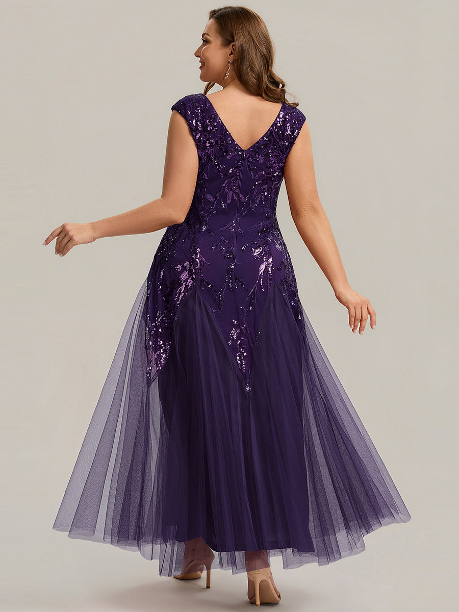 Plus Size Glitter High Stretch Cap Sleeve Tulle Mother of the Bride Dress #color_Dark Purple