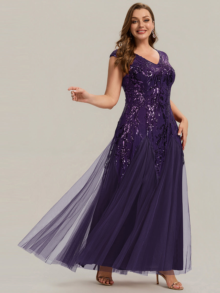 Glitter Embroidered Cap Sleeve High Stretch Mother of the Bride Dress #color_Dark Purple