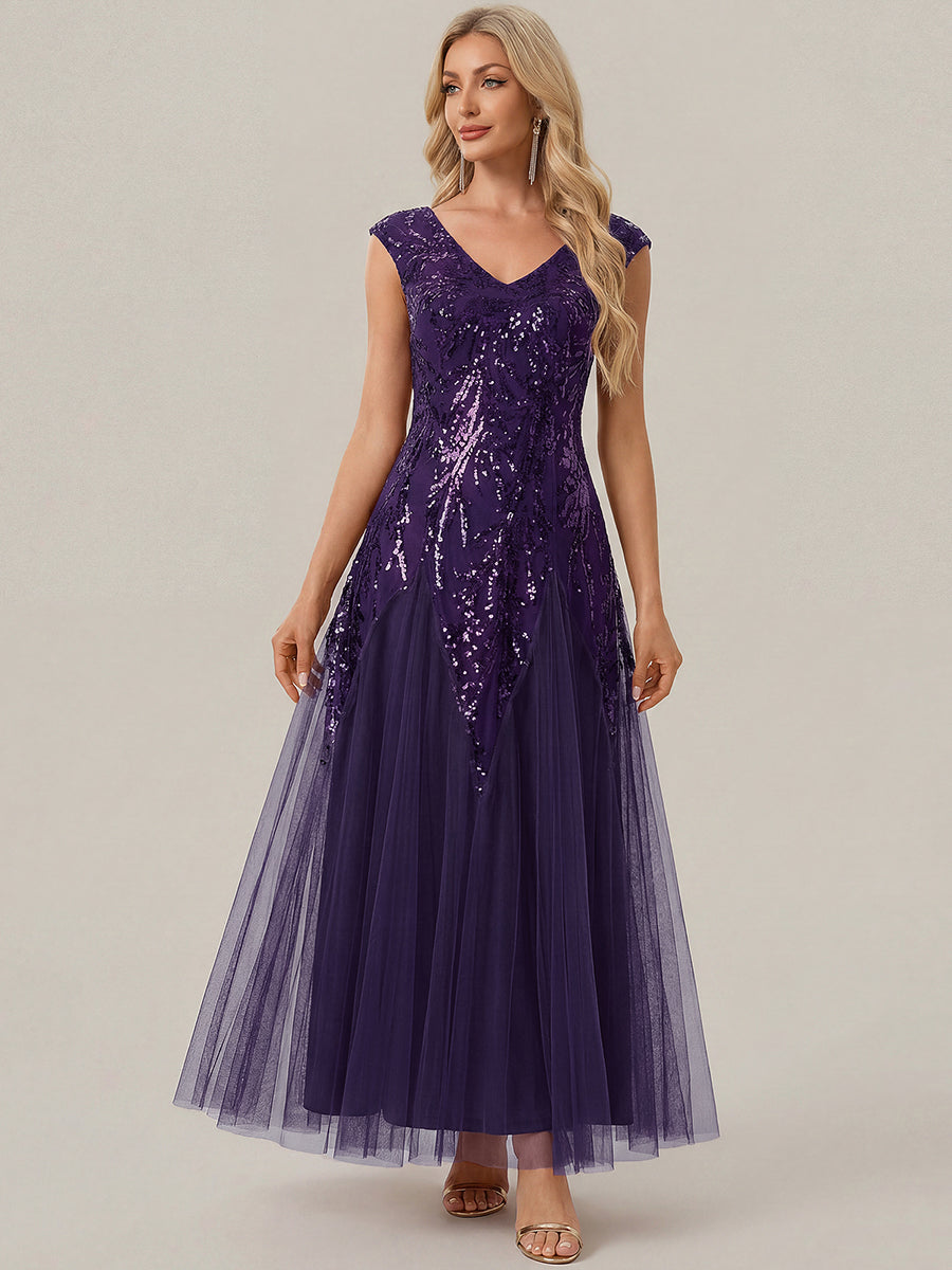 Glitter Embroidered Cap Sleeve High Stretch Mother of the Bride Dress #color_Dark Purple