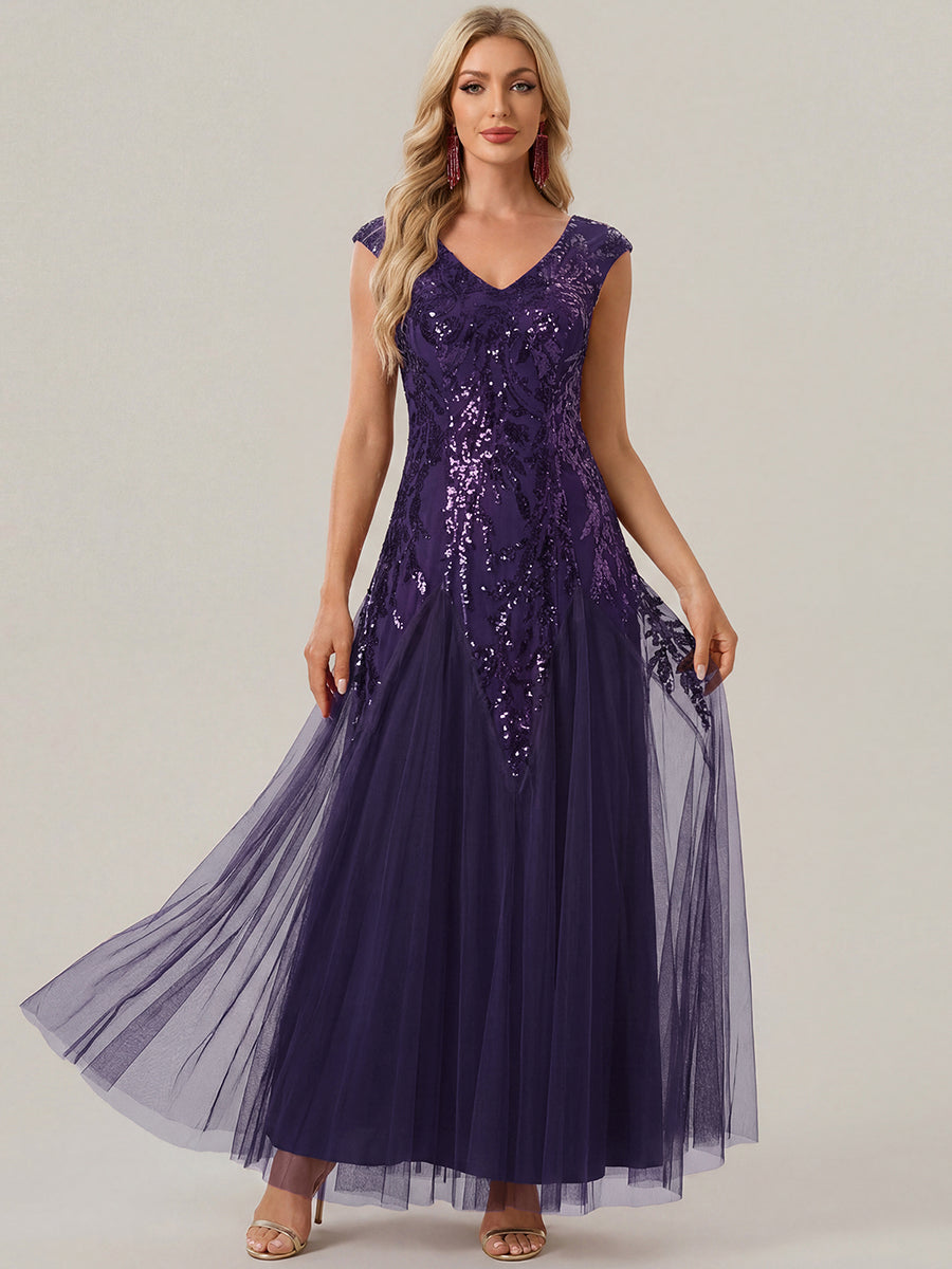 Glitter Embroidered Cap Sleeve High Stretch Mother of the Bride Dress #color_Dark Purple