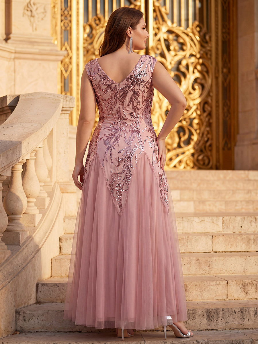 Plus Size Glitter High Stretch Cap Sleeve Tulle Mother of the Bride Dress #color_Dusty Rose