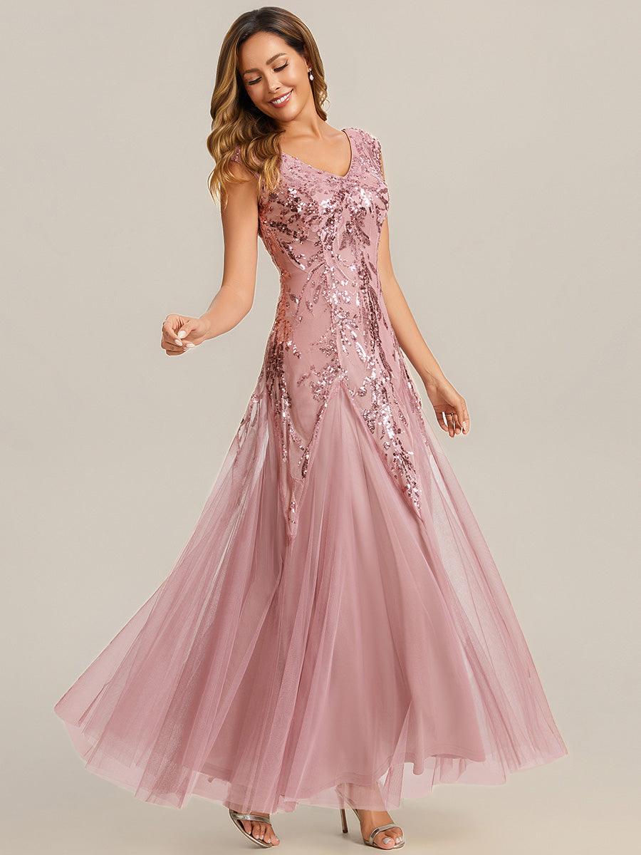 Glitter Embroidered Cap Sleeve High Stretch Mother of the Bride Dress #color_Dusty Rose