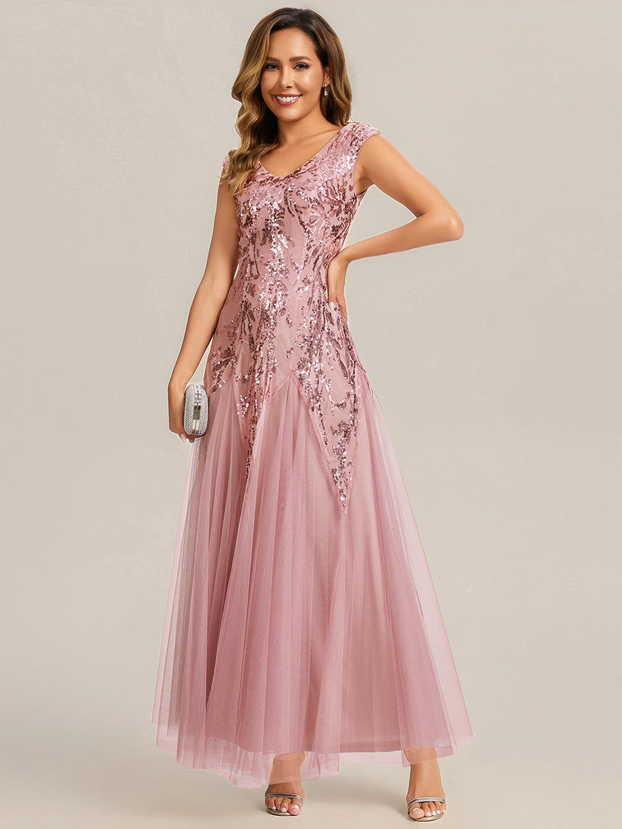 Glitter Embroidered Cap Sleeve High Stretch Mother of the Bride Dress #color_Dusty Rose