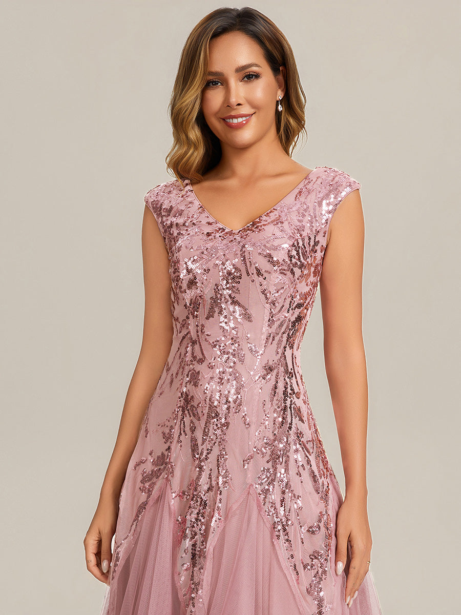 Glitter Embroidered Cap Sleeve High Stretch Mother of the Bride Dress #color_Dusty Rose