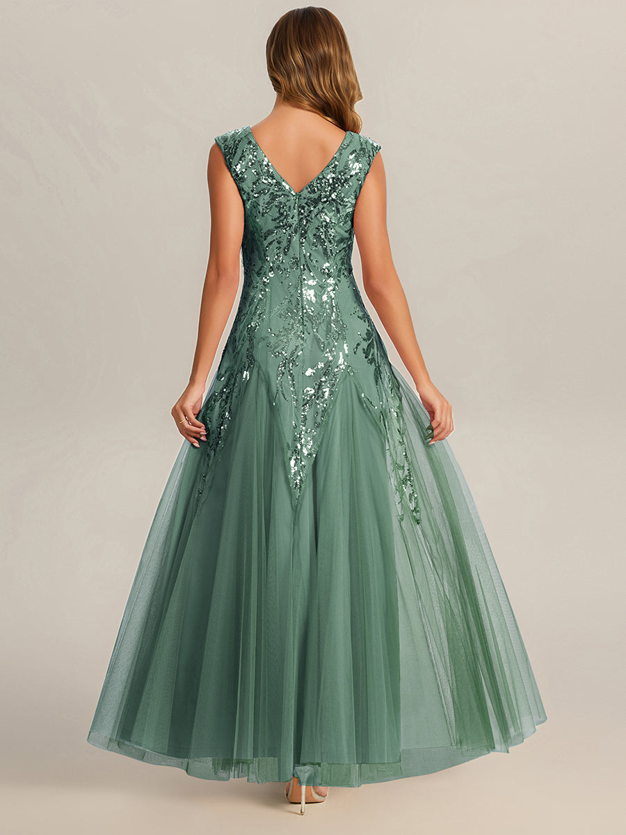 Glitter Embroidered Cap Sleeve High Stretch Mother of the Bride Dress #color_Eucalyptus