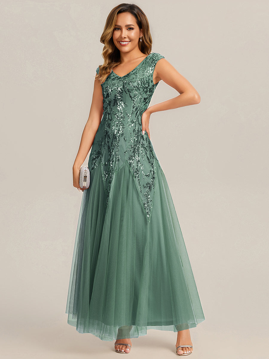 Glitter Embroidered Cap Sleeve High Stretch Mother of the Bride Dress #color_Eucalyptus