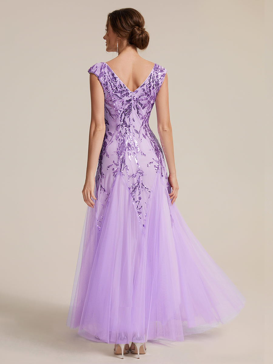Glitter Embroidered Cap Sleeve High Stretch Mother of the Bride Dress #color_Frosted Lilac