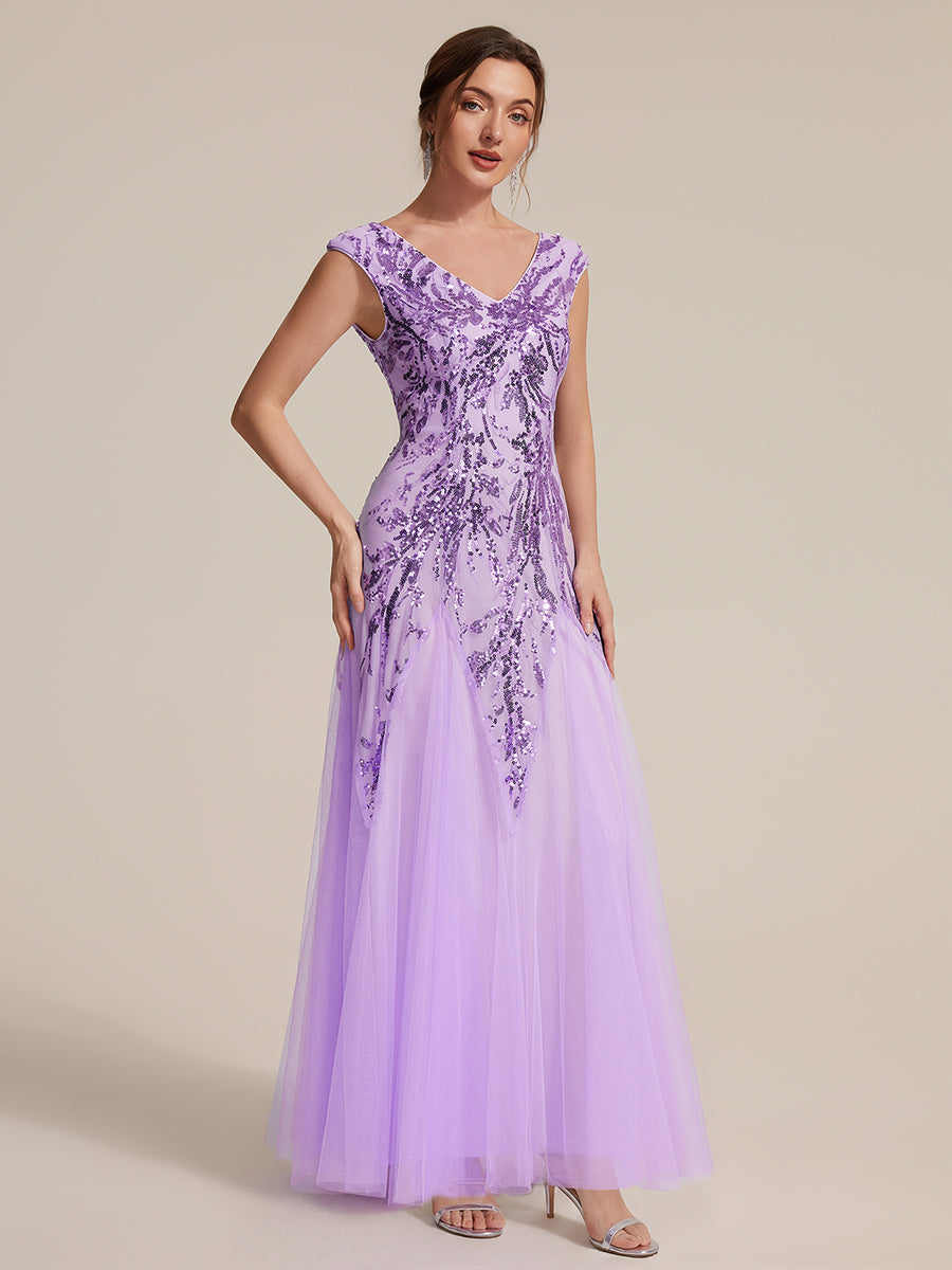 Glitter Embroidered Cap Sleeve High Stretch Mother of the Bride Dress #color_Frosted Lilac