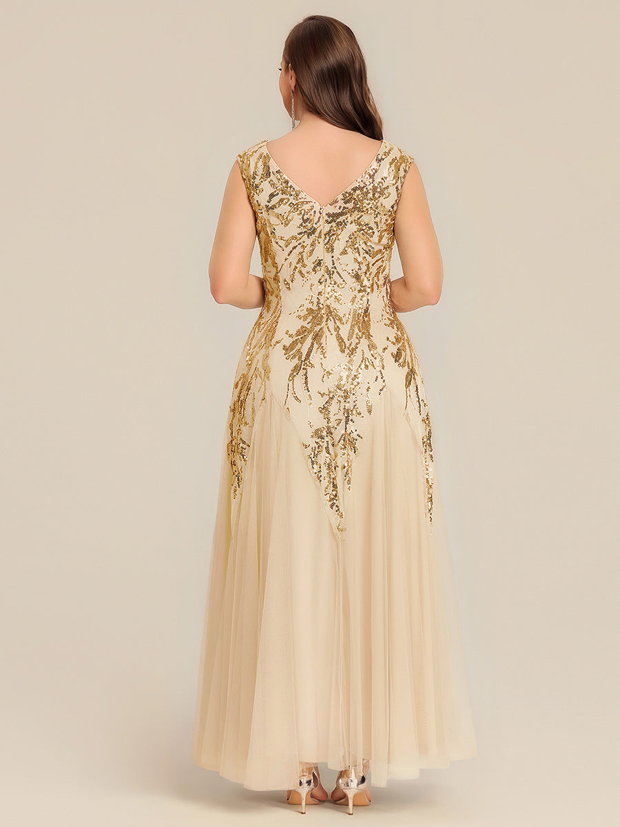 Plus Size Glitter High Stretch Cap Sleeve Tulle Mother of the Bride Dress #color_Gold