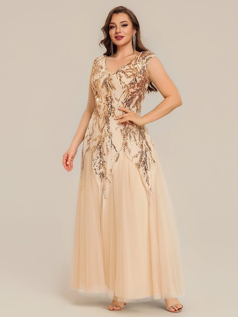 Plus Size Sequin V Neck Cap Sleeve Tulle Formal Evening Dress #color_Gold
