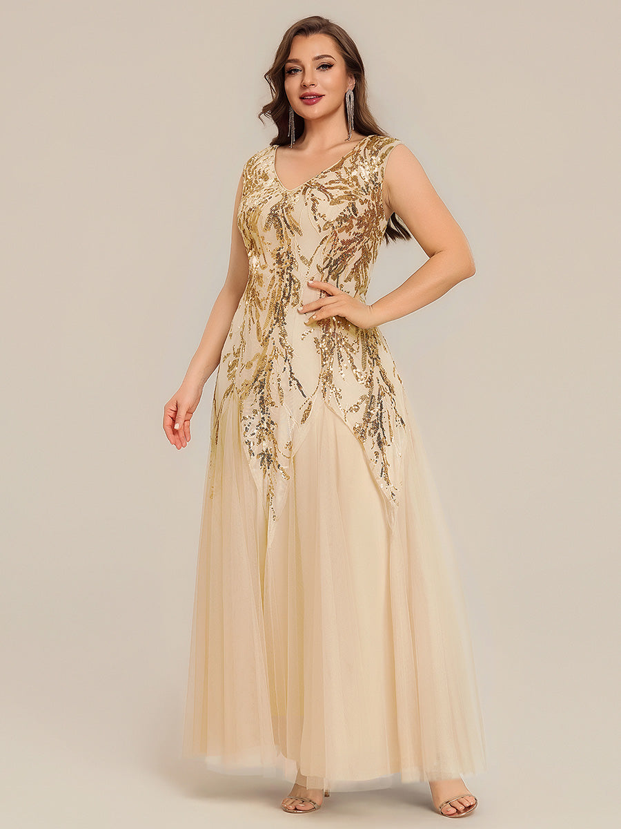 Plus Size Glitter High Stretch Cap Sleeve Tulle Mother of the Bride Dress #color_Gold