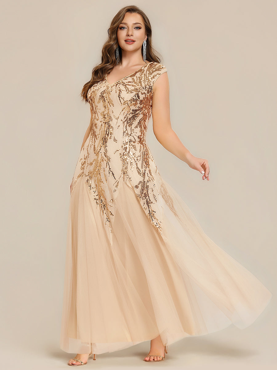 Embroidered Sequin Cap Sleeve Evening Dress #color_Gold