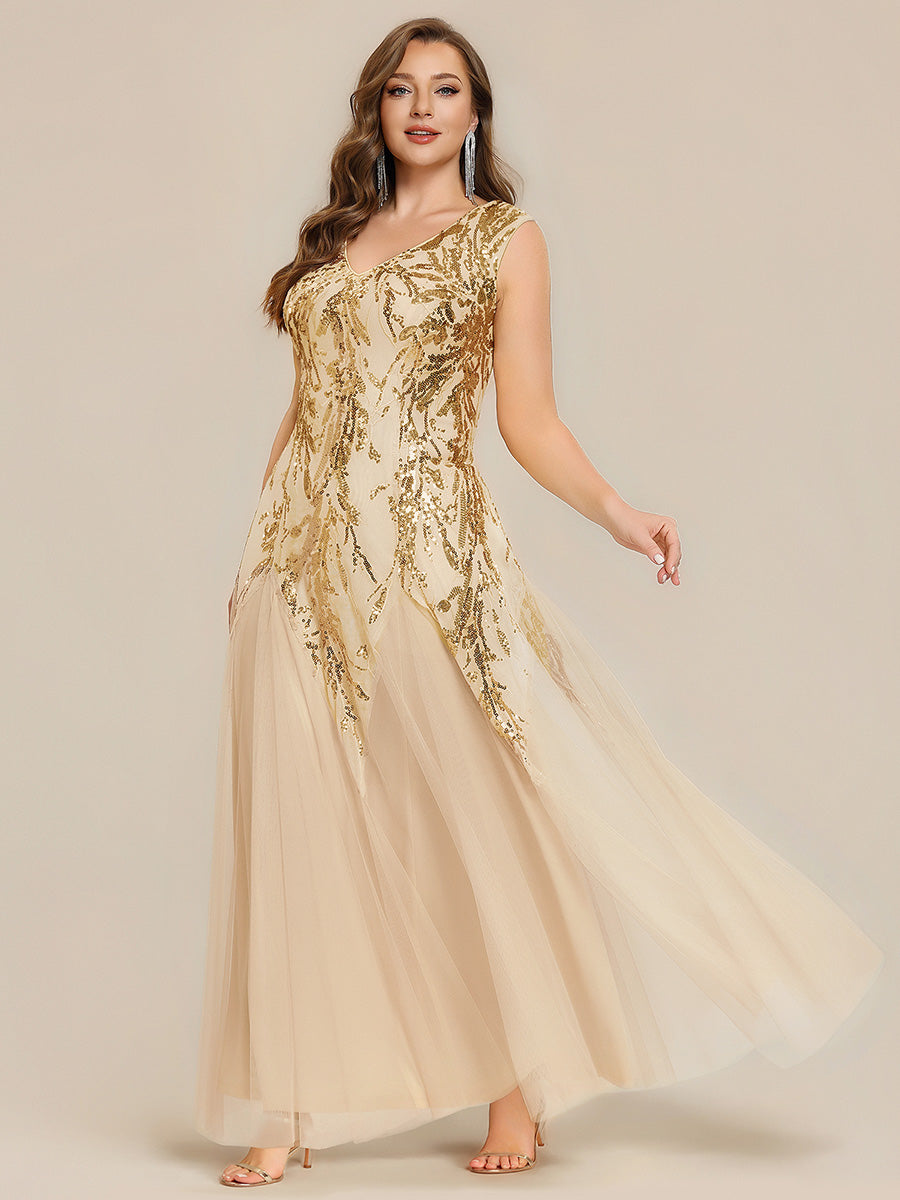 Plus Size Glitter High Stretch Cap Sleeve Tulle Mother of the Bride Dress #color_Gold