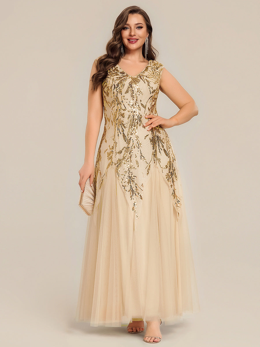 Plus Size Glitter High Stretch Cap Sleeve Tulle Mother of the Bride Dress #color_Gold