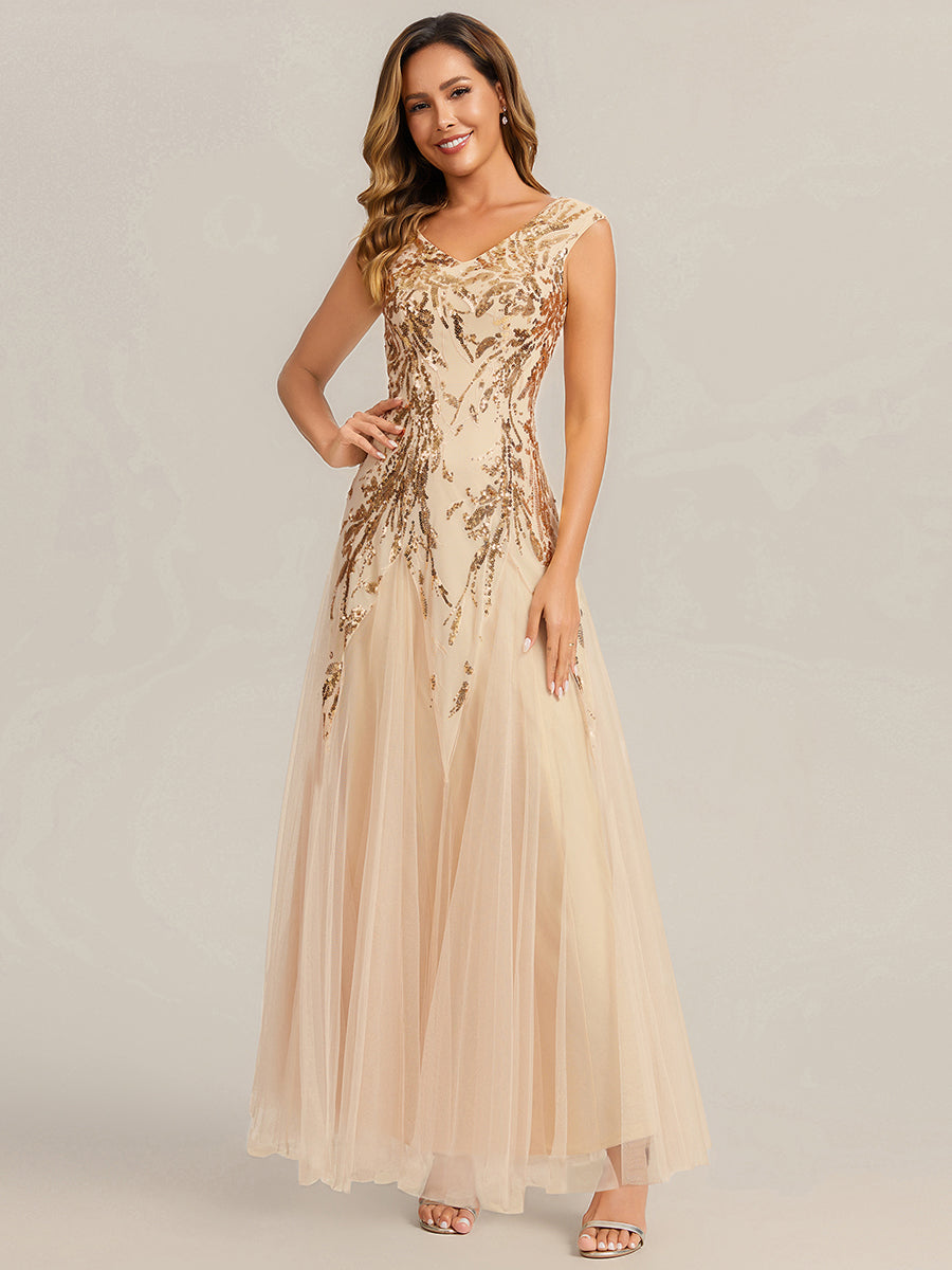 Embroidered Sequin Cap Sleeve Evening Dress #color_Gold