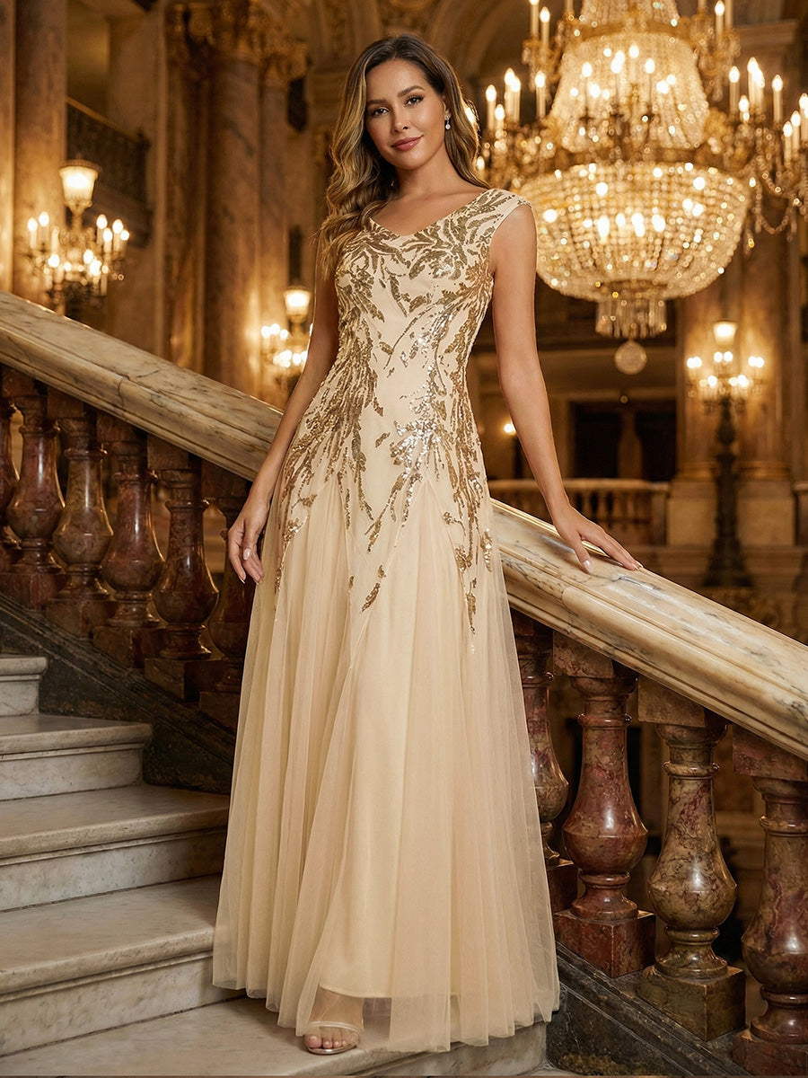 Glitter Embroidered Cap Sleeve High Stretch Mother of the Bride Dress #color_Gold