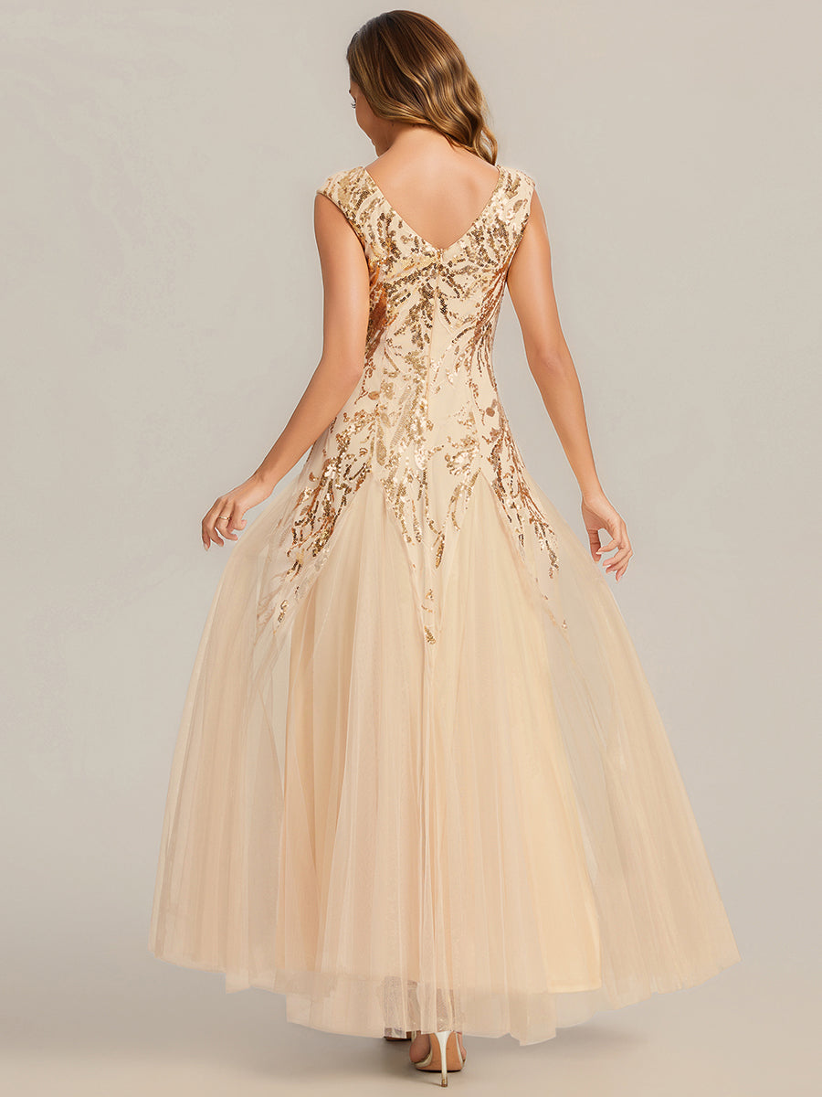 Embroidered Sequin Cap Sleeve Evening Dress #color_Gold