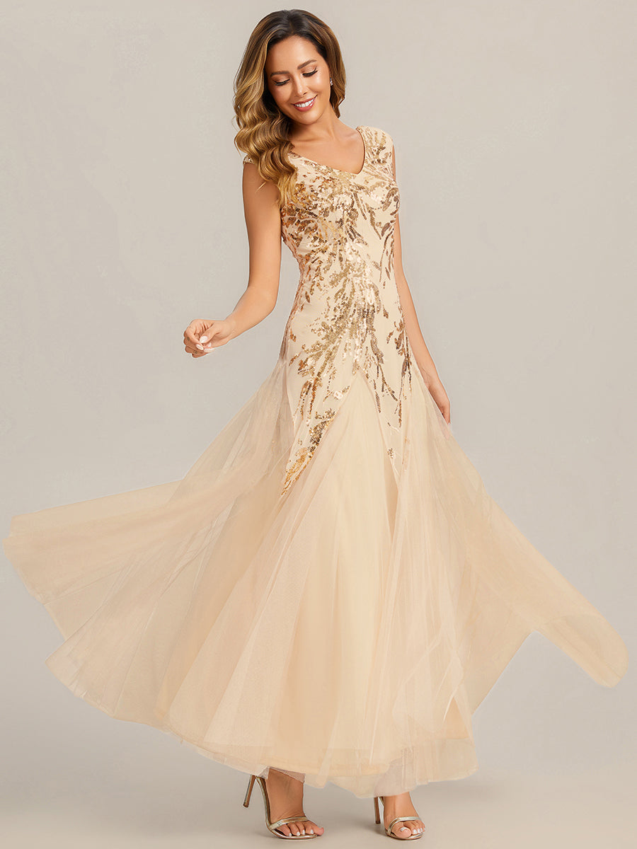 Embroidered Sequin Cap Sleeve Evening Dress #color_Gold