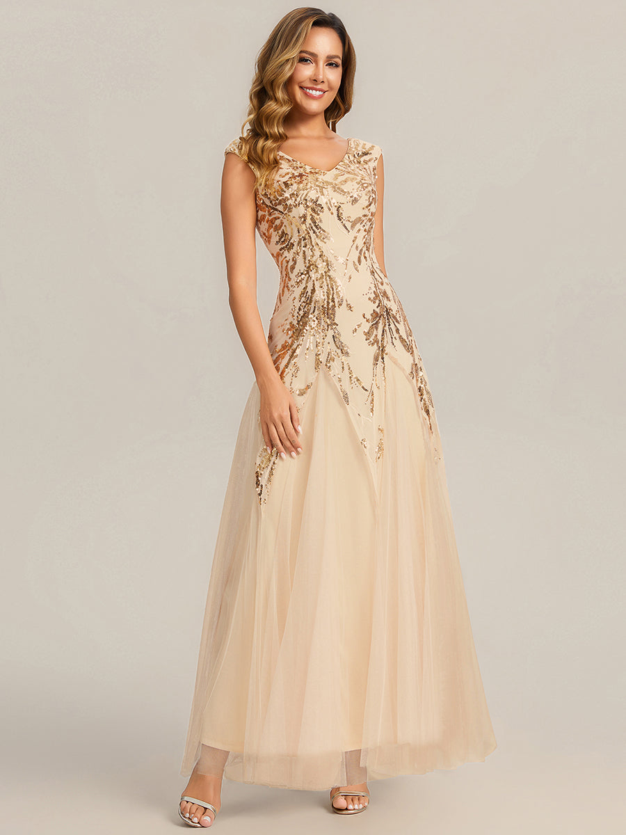 Embroidered Sequin Cap Sleeve Evening Dress #color_Gold