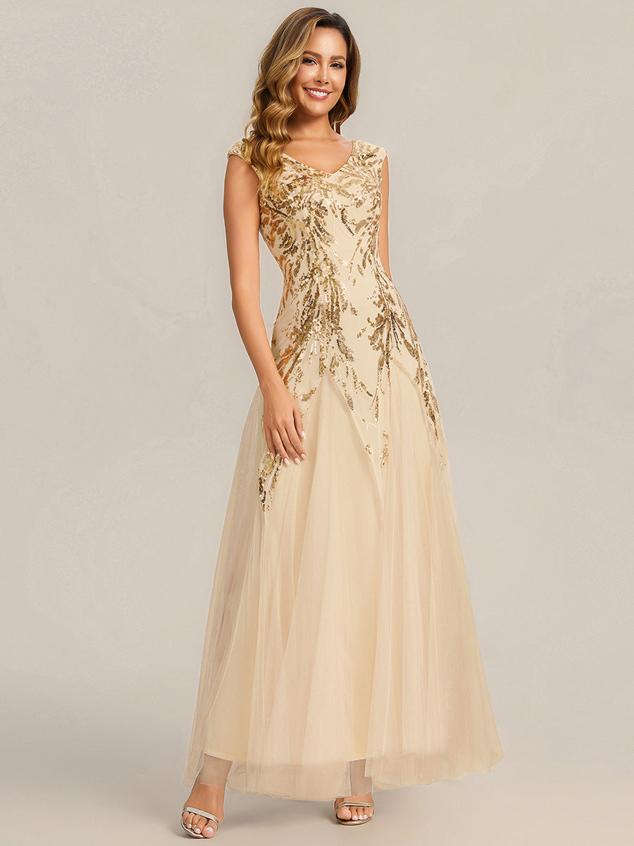 Glitter Embroidered Cap Sleeve High Stretch Mother of the Bride Dress #color_Gold