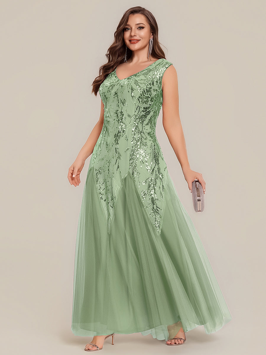 Plus Size Glitter High Stretch Cap Sleeve Tulle Mother of the Bride Dress #color_Mint Green