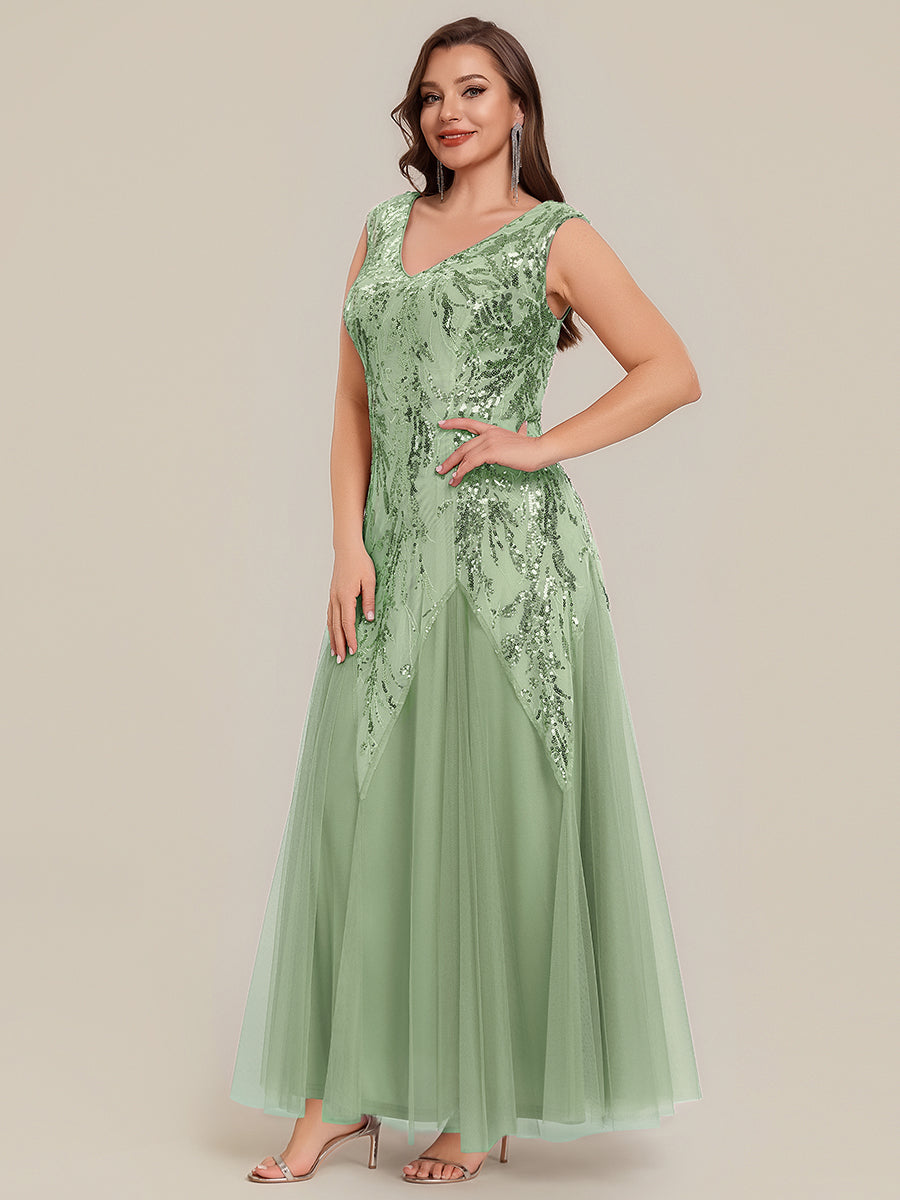 Plus Size Glitter High Stretch Cap Sleeve Tulle Mother of the Bride Dress #color_Mint Green