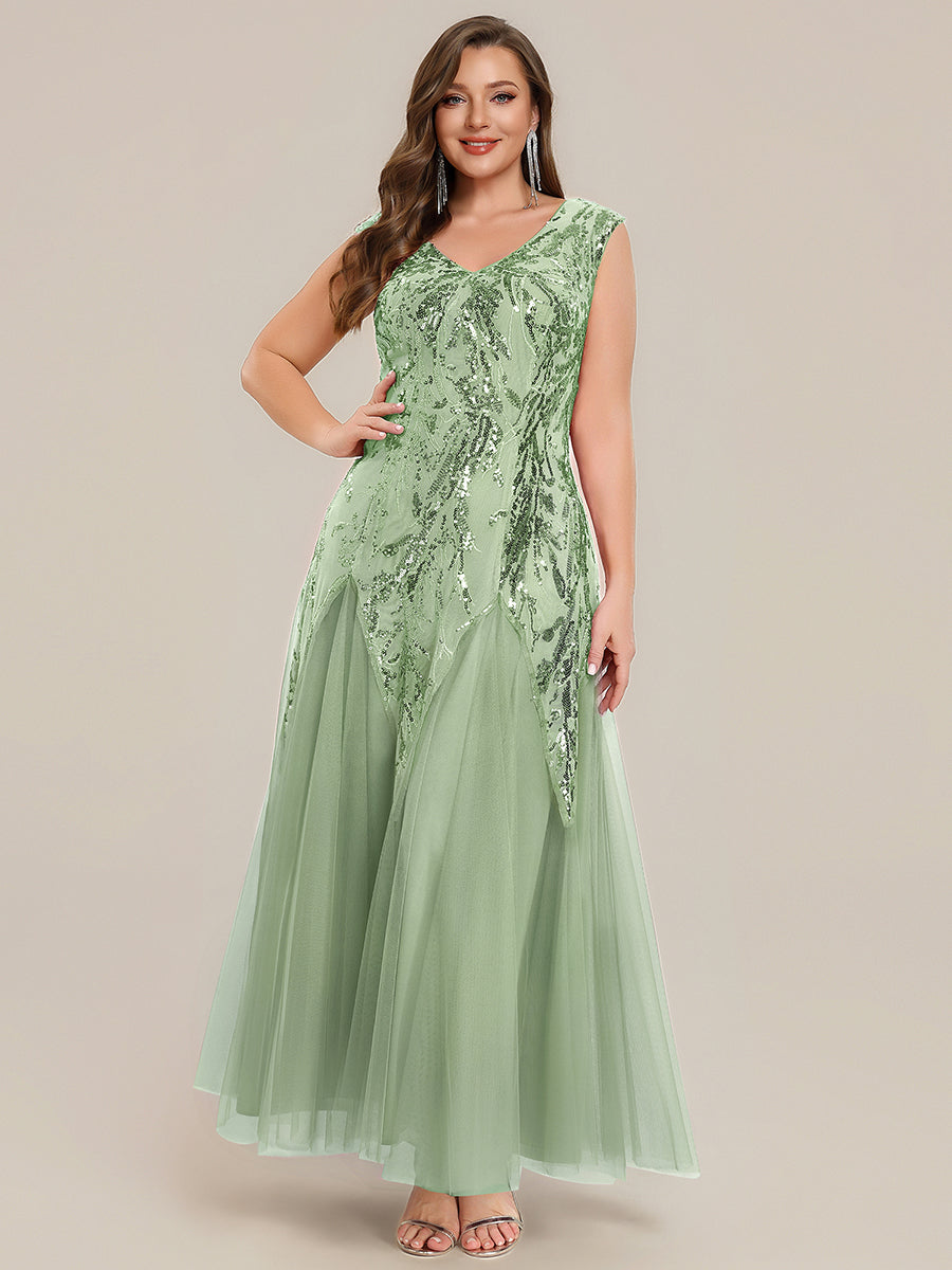 Plus Size Glitter High Stretch Cap Sleeve Tulle Mother of the Bride Dress #color_Mint Green