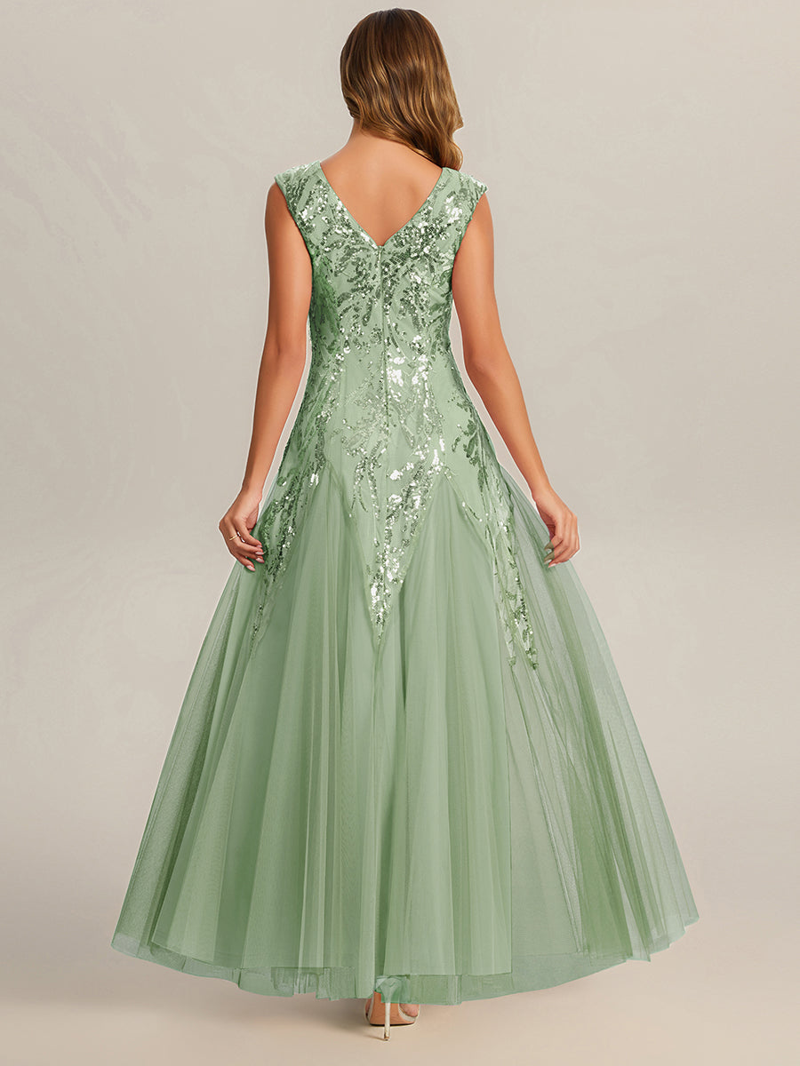 Glitter Embroidered Cap Sleeve High Stretch Mother of the Bride Dress #color_Mint Green