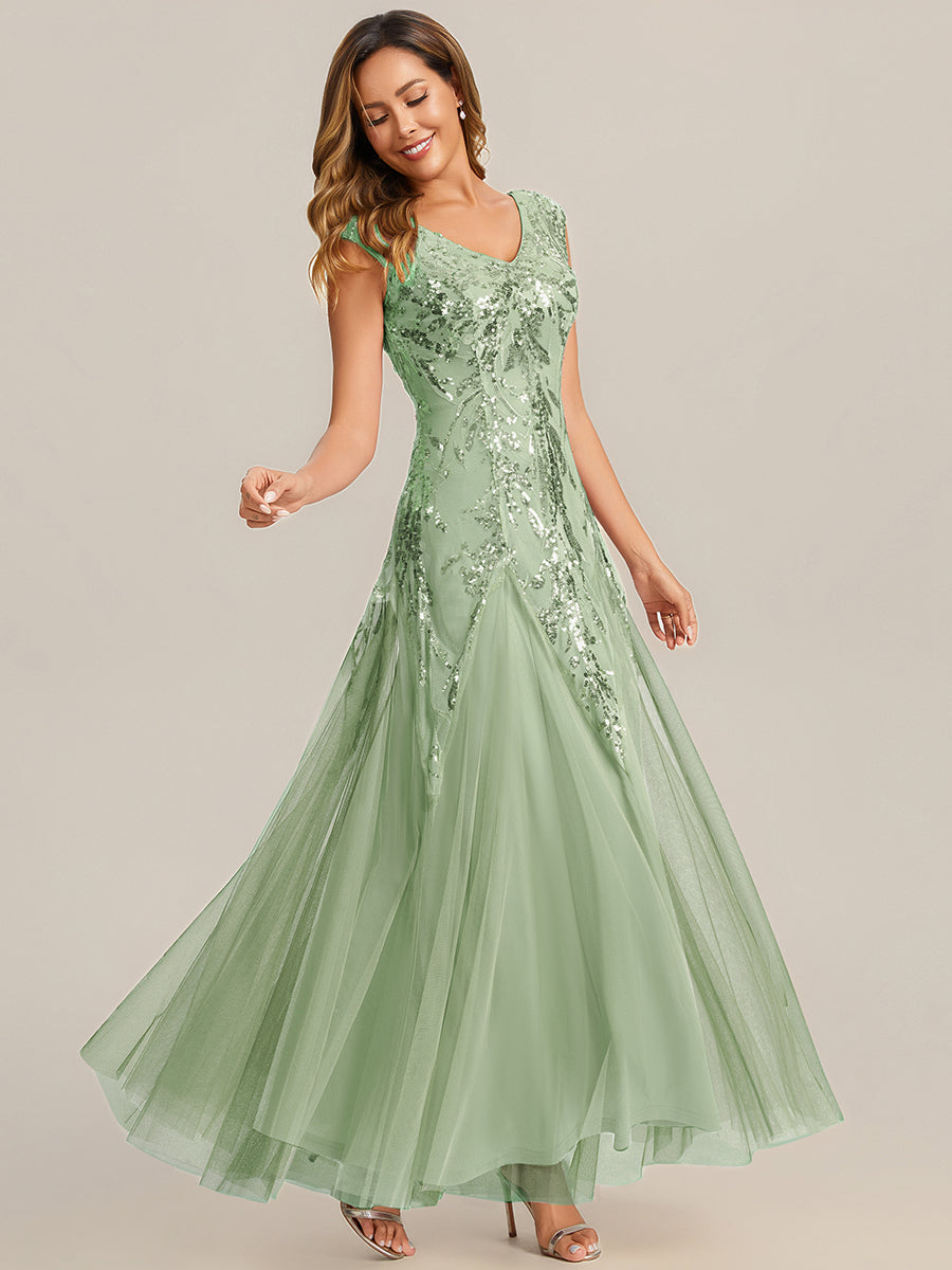 Glitter Embroidered Cap Sleeve High Stretch Mother of the Bride Dress #color_Mint Green