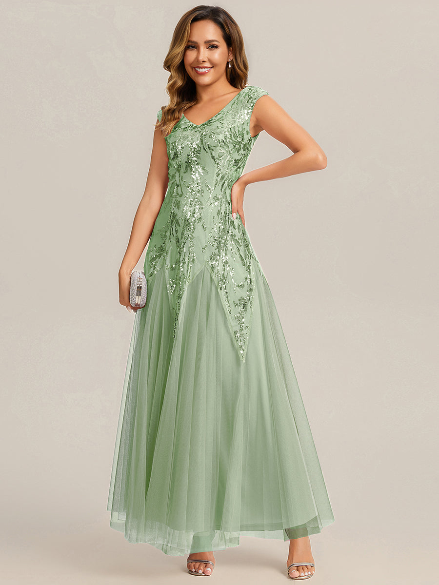 Glitter Embroidered Cap Sleeve High Stretch Mother of the Bride Dress #color_Mint Green