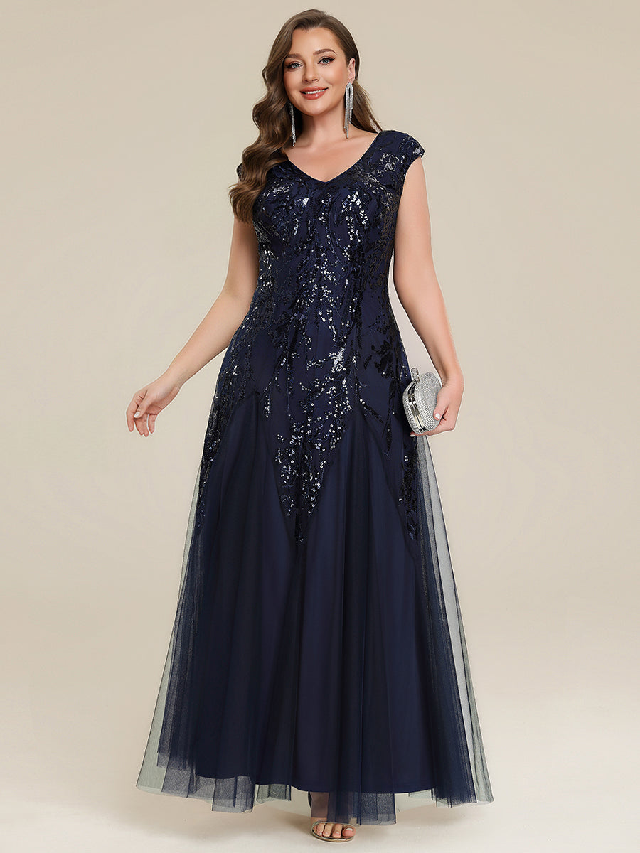 Embroidered Sequin Cap Sleeve Evening Dress #color_Navy Blue