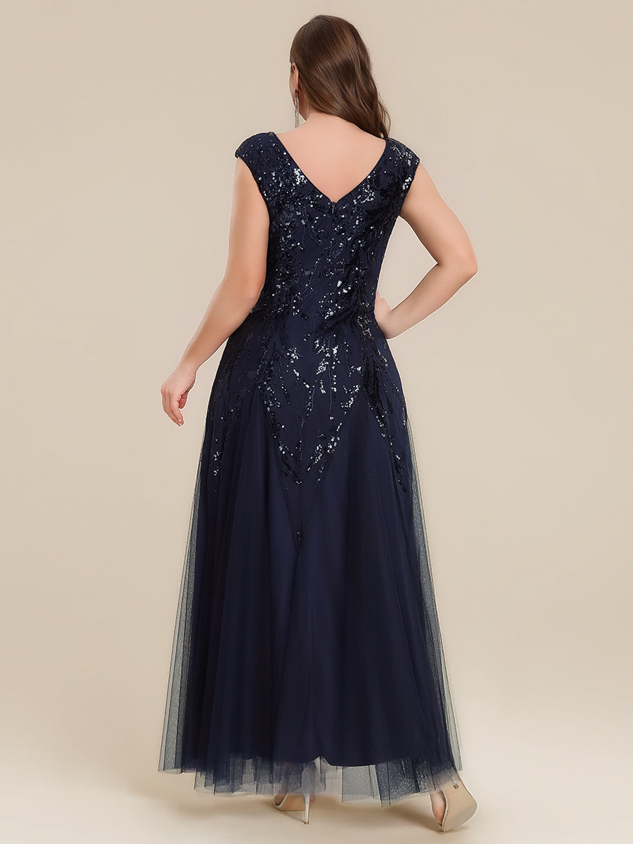 Embroidered Sequin Cap Sleeve Evening Dress #color_Navy Blue