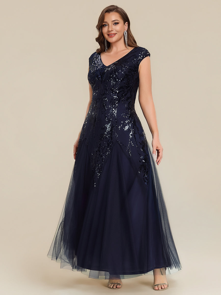 Plus Size Glitter High Stretch Cap Sleeve Tulle Mother of the Bride Dress #color_Navy Blue