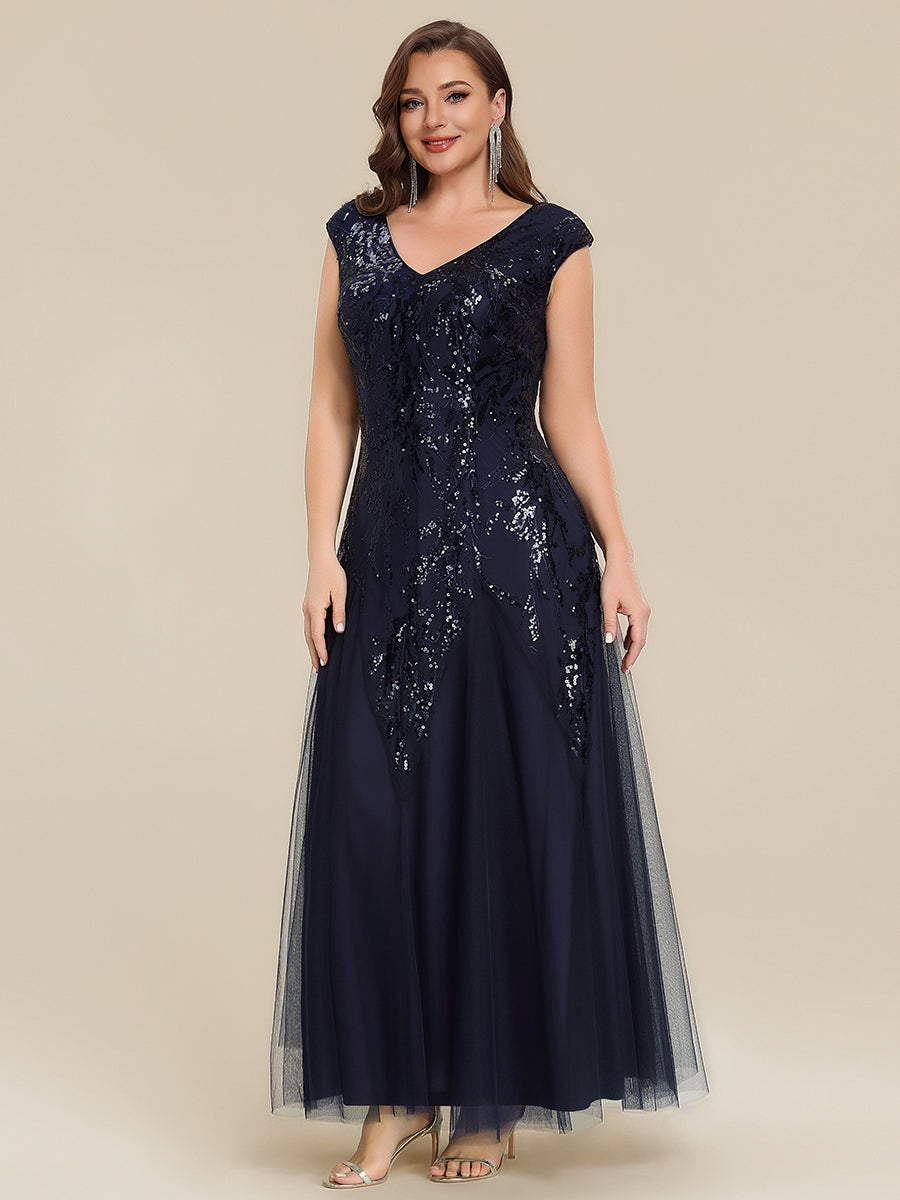 Embroidered Sequin Cap Sleeve Evening Dress #color_Navy Blue