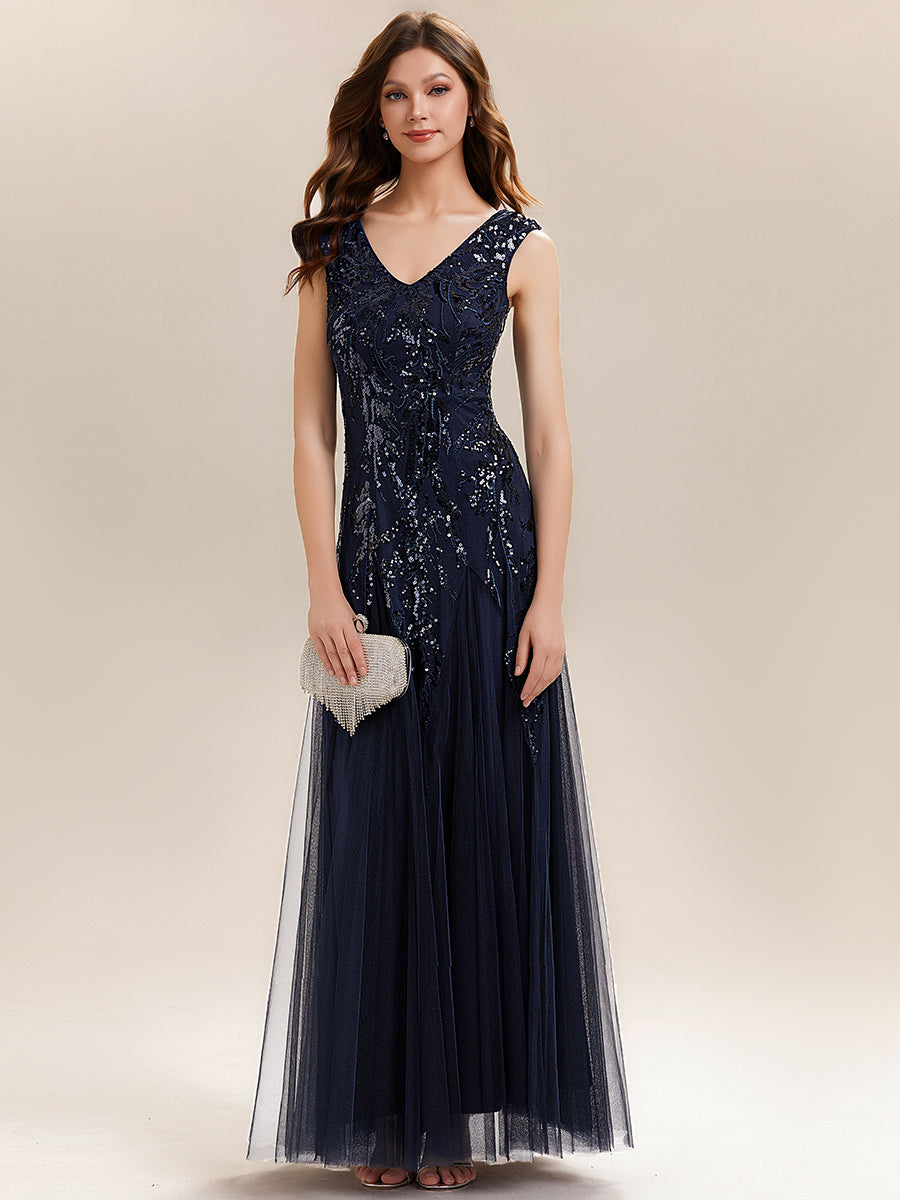 Embroidered Sequin Cap Sleeve Evening Dress #color_Navy Blue