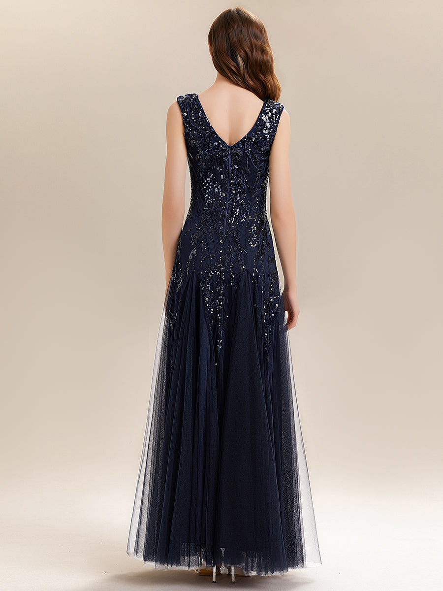 Embroidered Sequin Cap Sleeve Evening Dress #color_Navy Blue
