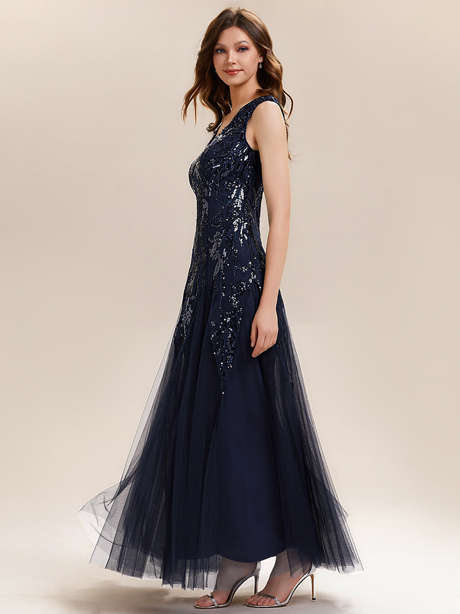 Glitter Embroidered Cap Sleeve High Stretch Mother of the Bride Dress #color_Navy Blue