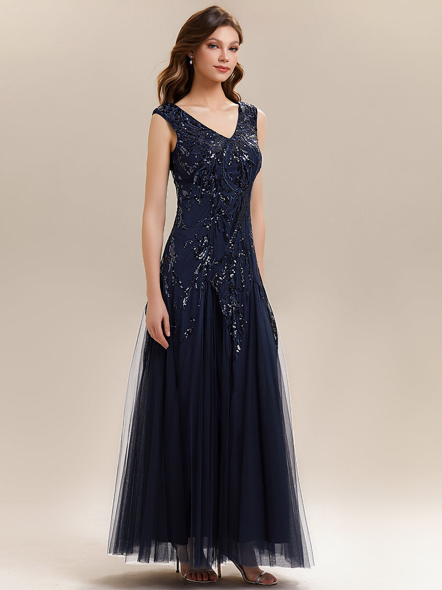 Embroidered Sequin Cap Sleeve Evening Dress #color_Navy Blue