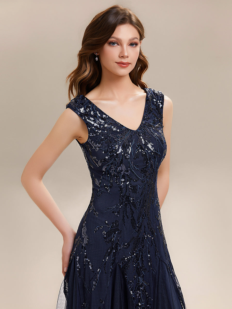 Glitter Embroidered Cap Sleeve High Stretch Mother of the Bride Dress #color_Navy Blue