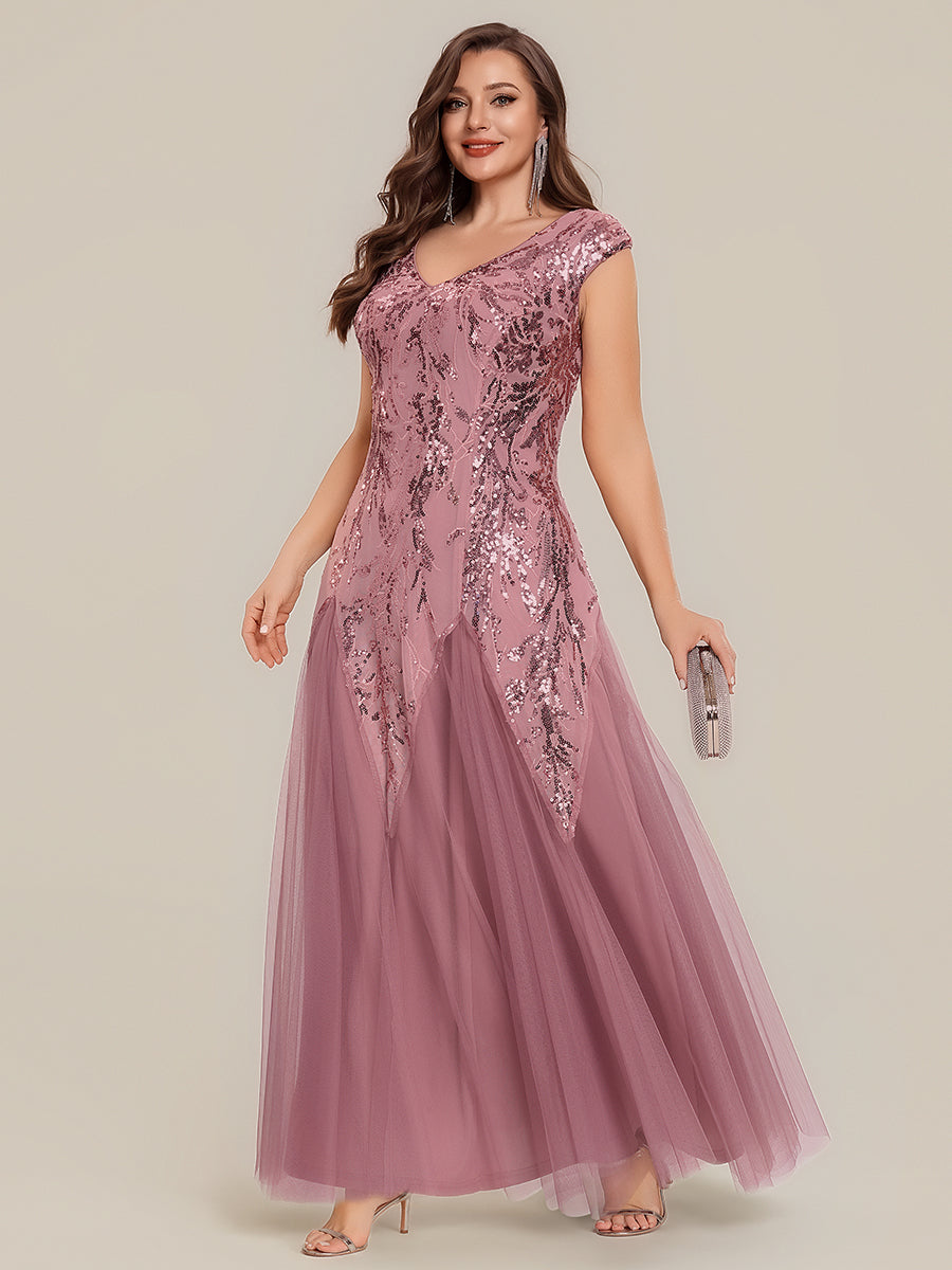 Embroidered Sequin Cap Sleeve Evening Dress #color_Purple Orchid