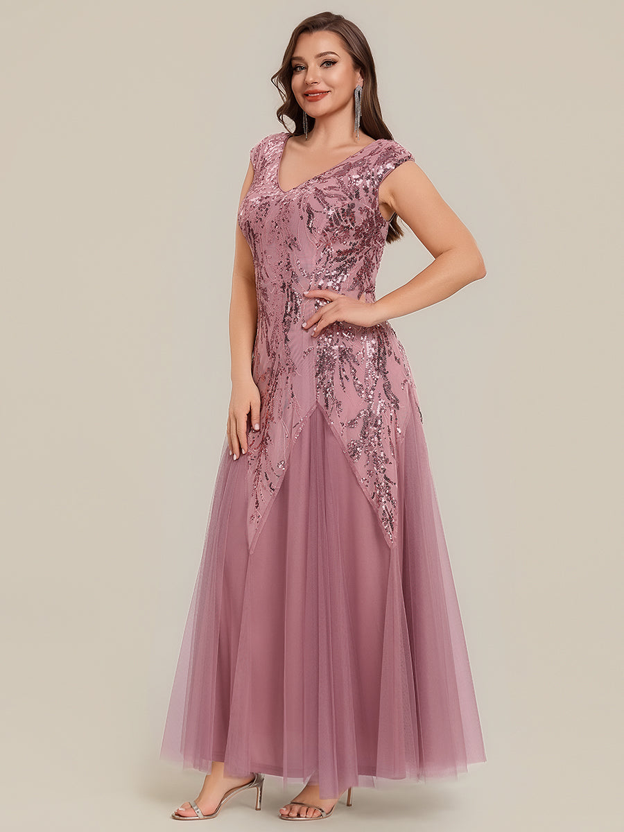Embroidered Sequin Cap Sleeve Evening Dress #color_Purple Orchid