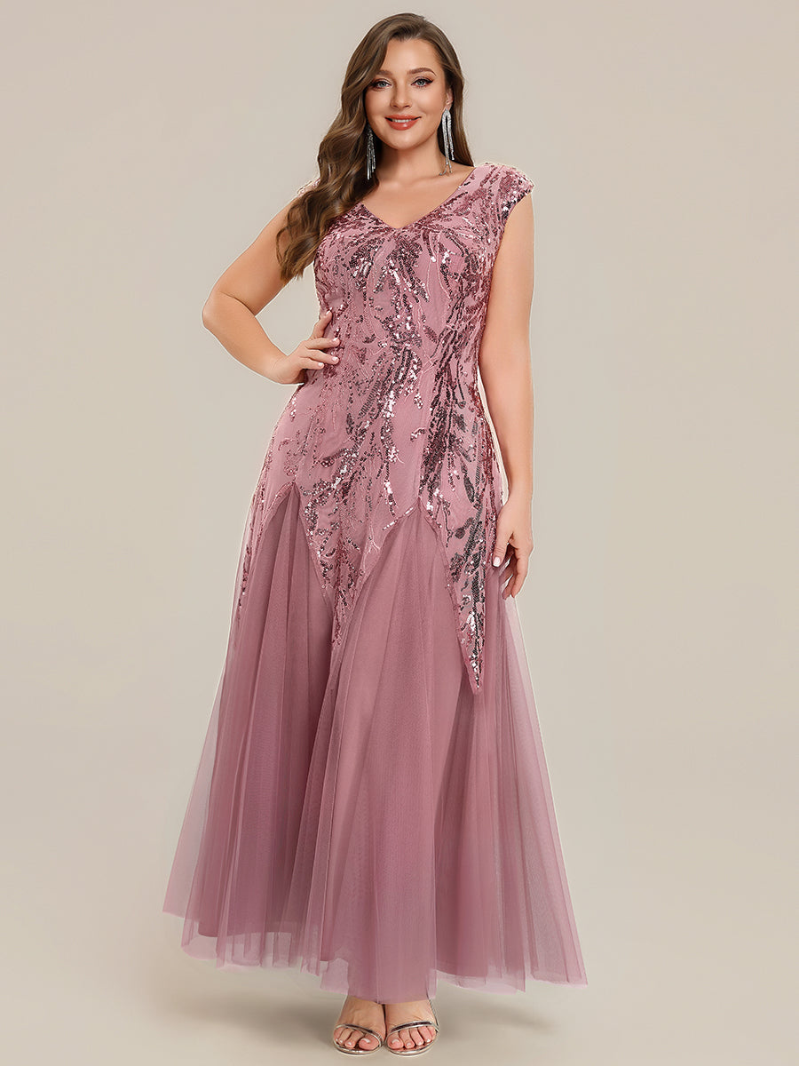 Plus Size Sequin V Neck Cap Sleeve Tulle Formal Evening Dress #color_Purple Orchid